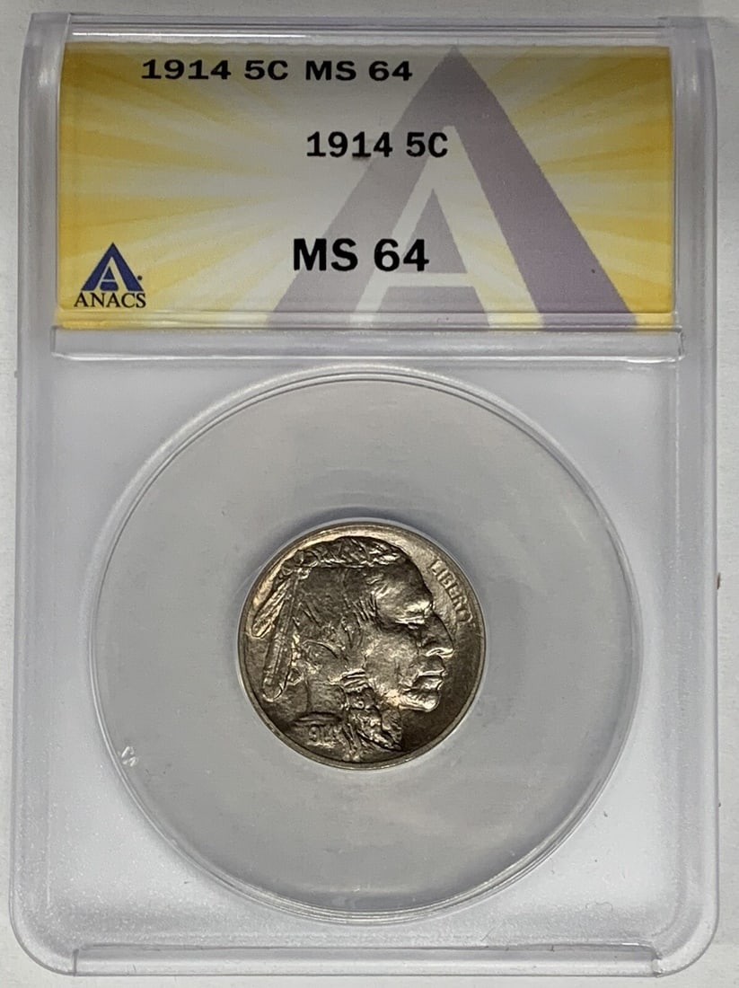 1914 Buffalo Nickel 5C ANACS MS 64 Uncirculated Coin: 1914 Buffalo Nickel 5C ANACS MS 64 Uncirculated Coin This 1914 Buffalo Nickel, certified by ANACS with a grade of MS 64, is a stunning representation of American numismatic history. This uncirculated