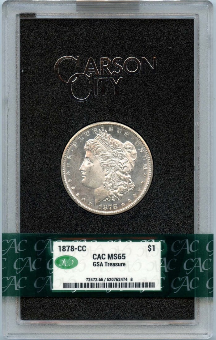 1878-CC Morgan Dollar GSA Hoard CACG MS65 Uncirculated: 1878-CC Morgan Dollar GSA Hoard CACG MS65 Uncirculated This 1878-CC Morgan Dollar is certified by CACG with a grade of MS65, indicating exceptional quality. Struck in 1878 at the Carson City Mint, thi