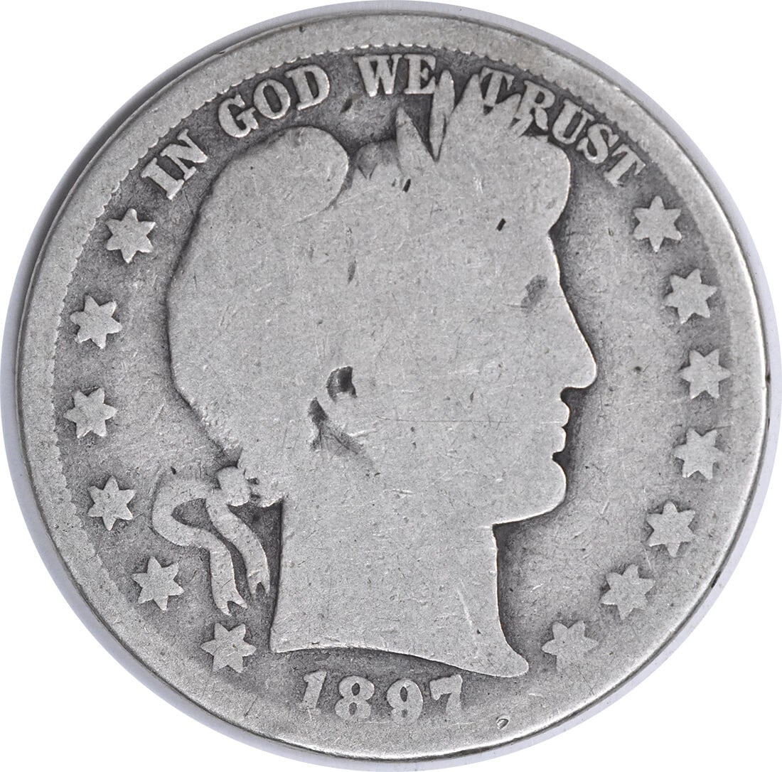 1897-O Barber Silver Half Dollar 50C Uncertified Coin by Charles E Barber: 1897-O Barber Silver Half Dollar 50C Uncertified Coin by Charles E Barber This 1897-O Barber Silver Half Dollar is a remarkable piece from the New Orleans Mint, featuring a classic design by Charles E