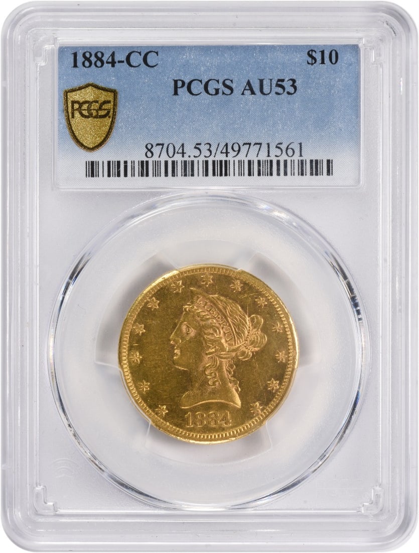 Carson City Mint 1884 $10 Liberty Gold Eagle PCGS AU53: Carson City Mint 1884 $10 Liberty Gold Eagle PCGS AU53 This 1884-CC $10 Gold Liberty Head coin was struck at the Carson City Mint and is certified by PCGS with a grade of AU53. Designed by Christian G