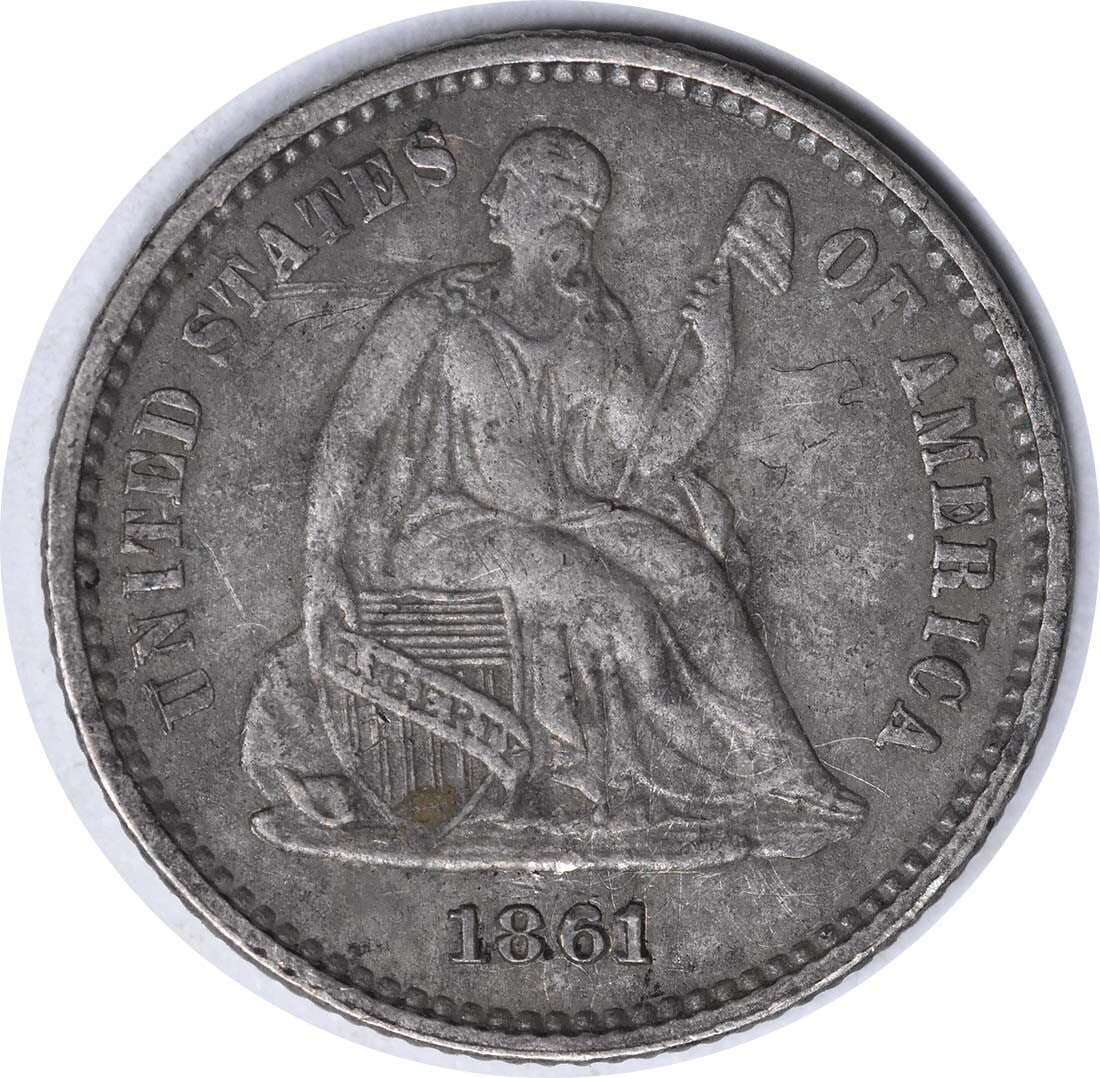 1861 Liberty Seated Half Dime 90% Silver XF Philadelphia Mint: 1861 Liberty Seated Half Dime 90% Silver XF Philadelphia Mint This 1861 Liberty Seated Half Dime showcases a beautiful design, featuring the seated liberty motif. Struck in Philadelphia, this coin is