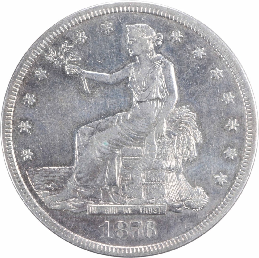 1876 San Francisco Trade Dollar 90 Percent Silver XF Uncertified: 1876 San Francisco Trade Dollar 90 Percent Silver XF Uncertified This is an 1876-S Trade Silver Dollar from the United States, minted in San Francisco. The coin is circulated and features a compositio