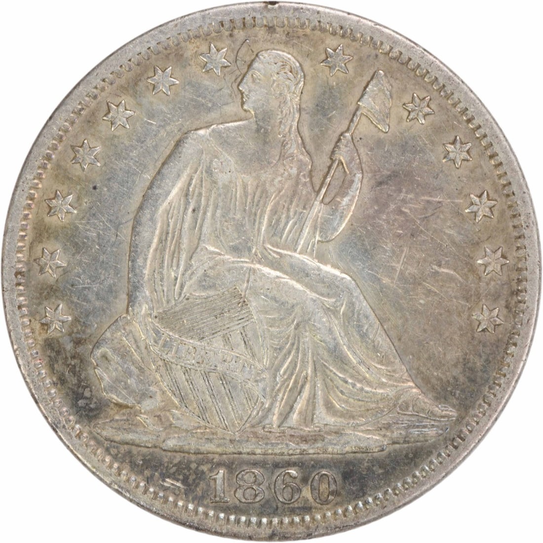 1860-S Liberty Seated Half Dollar 50C Uncertified 90% Silver: 1860-S Liberty Seated Half Dollar 50C Uncertified 90% Silver This 1860-S Liberty Seated Half Dollar showcases a stunning design by Thomas Sully and Christian Gobrecht. Crafted from 90% silver and 10%