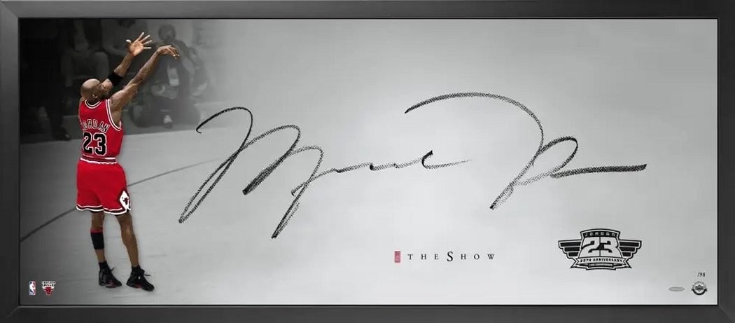 Michael Jordan Autographed The Show Last Shot 18x44 Framed Silver #/98: Michael Jordan Autographed The Show Last Shot 18x44 Framed Silver #/98 Celebrate one of the most iconic moments in basketball history with this Michael Jordan Autographed 18x44 Print, framed to perfec