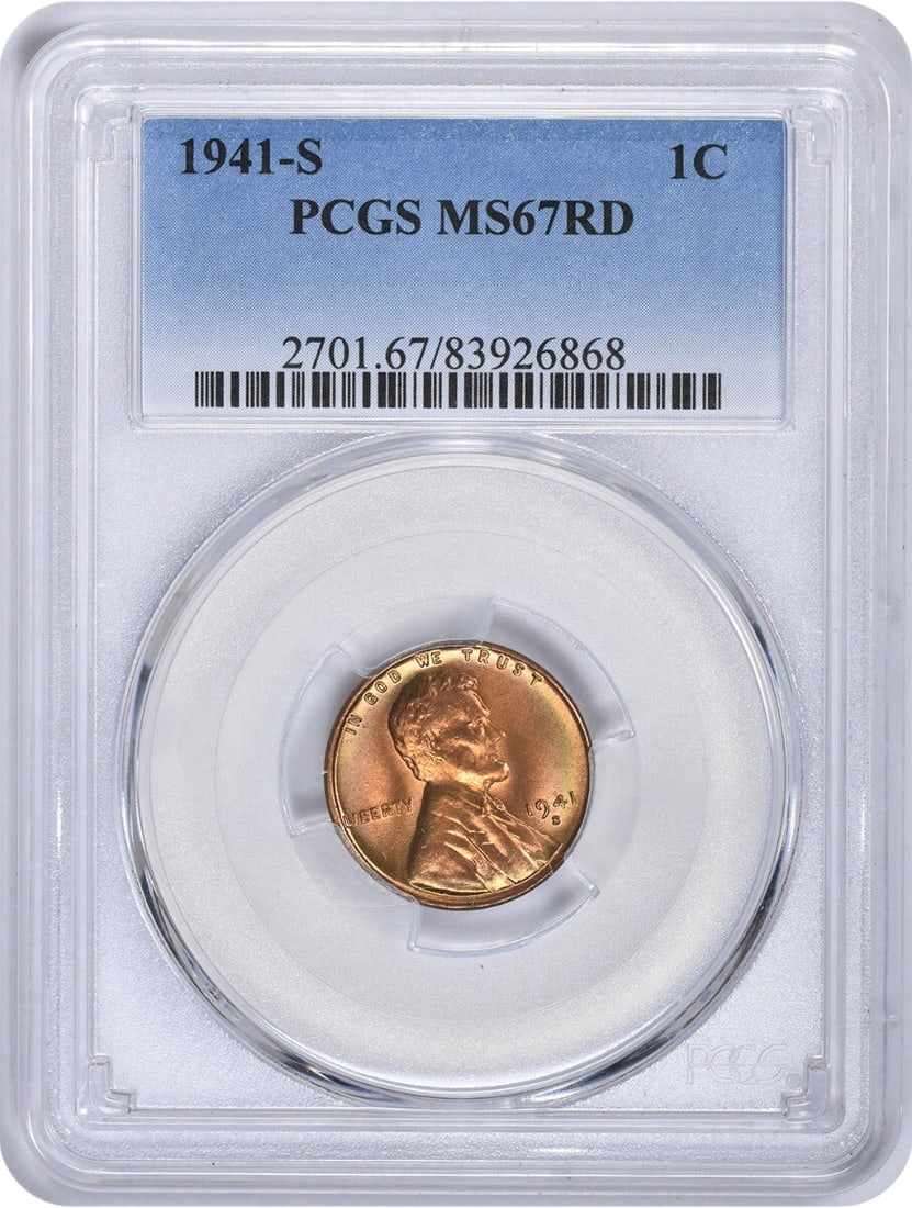 1941-S Lincoln Cent MS67RD PCGS Uncirculated Copper Coin (1 of 2)