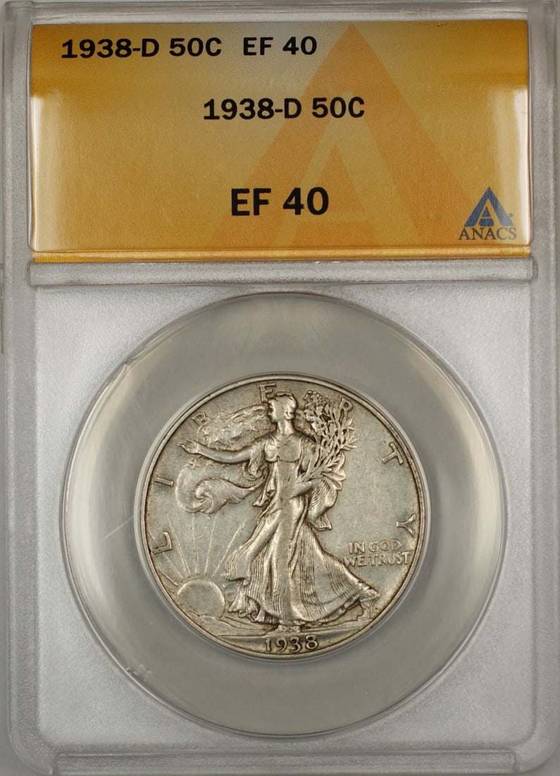 1938-D Silver Half Dollar ANACS EF-40 Walking Liberty Denver Mint Coin: 1938-D Silver Half Dollar ANACS EF-40 Walking Liberty Denver Mint Coin This 1938-D Walking Liberty Silver Half Dollar is a circulated coin graded EF-45 by ANACS. Minted in Denver, it features the icon