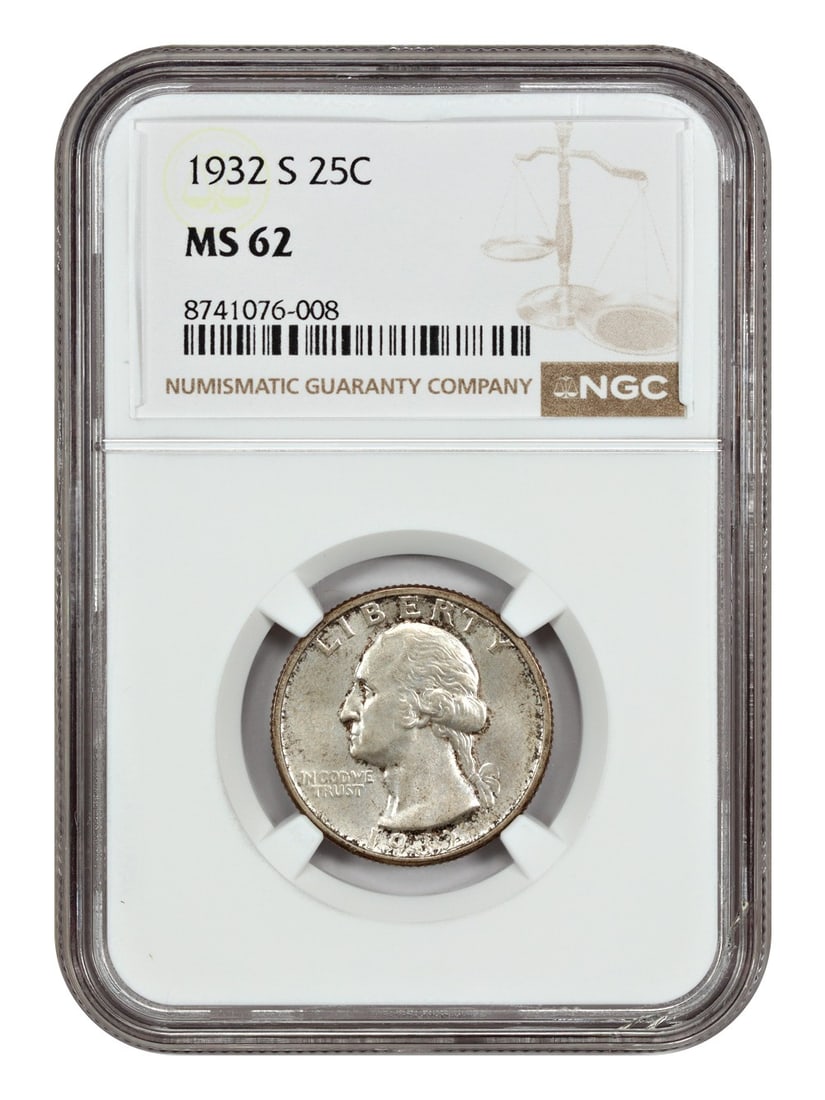 1932-S Washington Quarter NGC MS62 Key Date Uncirculated: 1932-S Washington Quarter NGC MS62 Key Date Uncirculated This 1932-S Washington Quarter is a highly sought-after key date, recognized for its significance within the series. It carries a grade of MS62