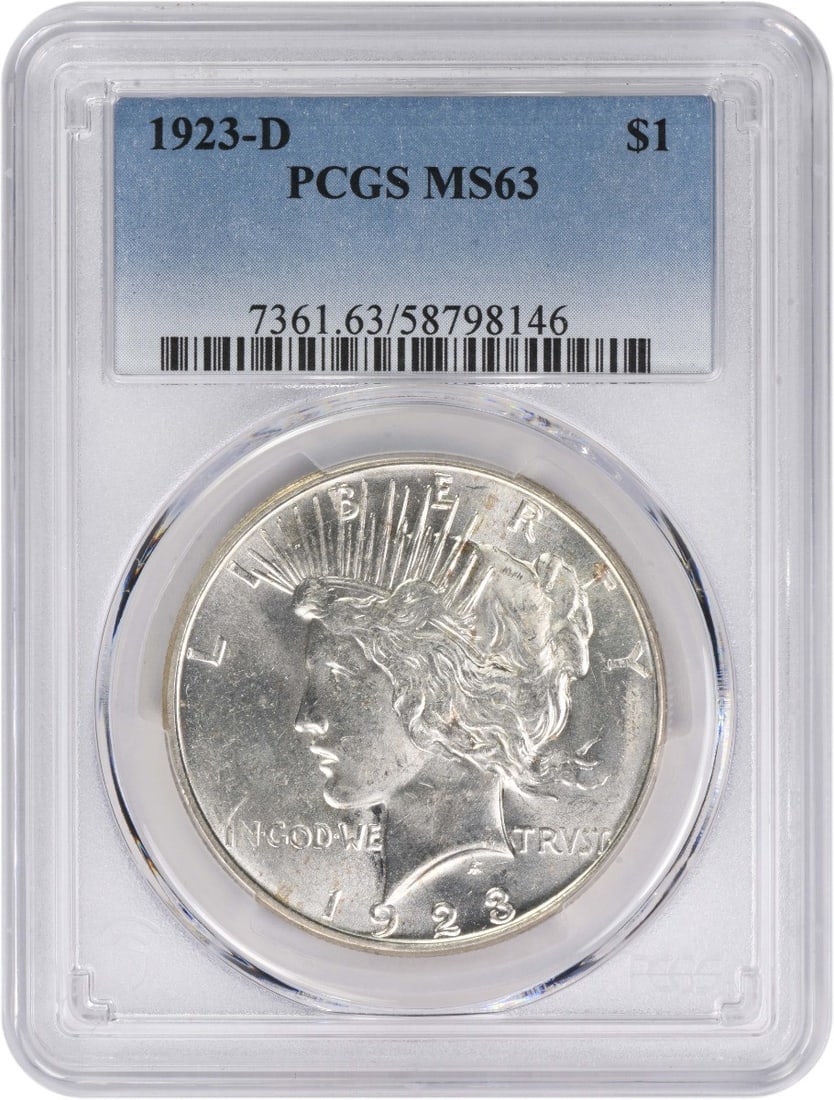 PCGS MS63 1923 Denver Mint Peace Dollar 90 Percent Silver: PCGS MS63 1923 Denver Mint Peace Dollar 90 Percent Silver This 1923-D Peace Silver Dollar is certified by PCGS with a grade of MS63, indicating its uncirculated condition. Minted in Denver, the coin i