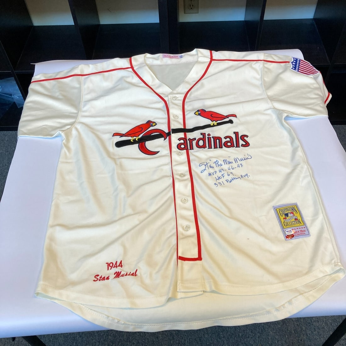 Stan Musial Signed St. Louis Cardinals Jersey with Heavy Inscriptions PSA: Stan Musial Signed St. Louis Cardinals Jersey with Heavy Inscriptions PSA This original St. Louis Cardinals jersey features the legendary Stan Musial's autograph, which is heavily inscribed with his c