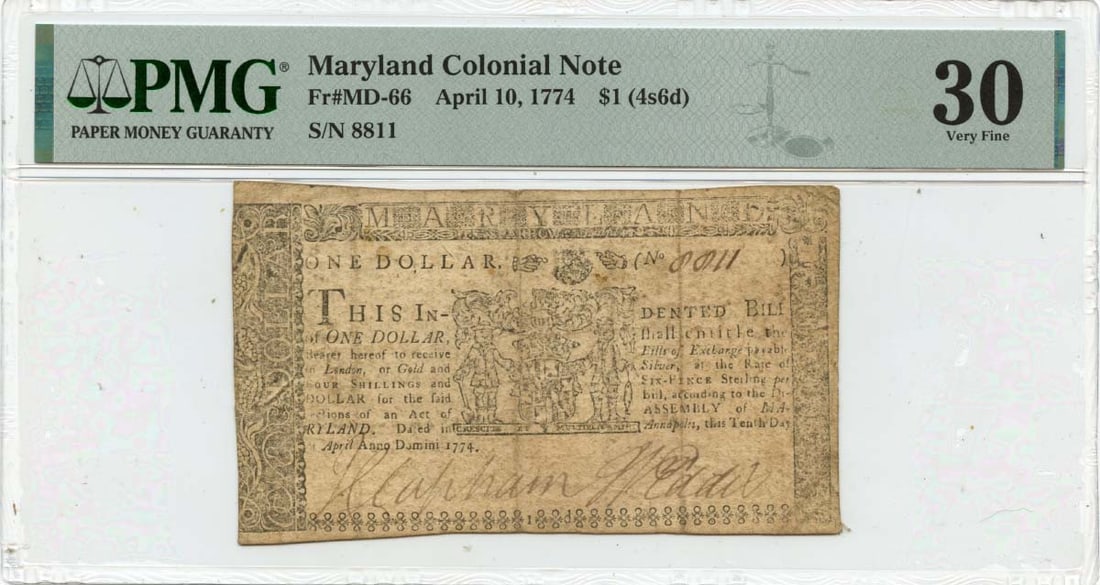 1774 $1 Maryland Colonial Note FR#MD-66 PMG VF30 Certified: 1774 $1 Maryland Colonial Note FR#MD-66 PMG VF30 Certified This historical $1 Maryland Colonial Note, dated April 10, 1774, is a remarkable piece of currency from the colonial era. Certified by PMG wi