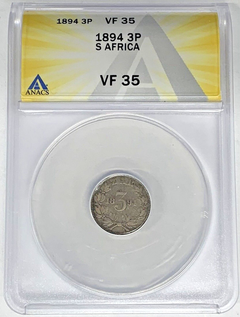 Silver 1894 3 Pence Coin from South Africa ANACS Graded VF 35: Silver 1894 3 Pence Coin from South Africa ANACS Graded VF 35 This 1894 South Africa 3 Pence coin is composed of silver and has been certified by ANACS with a grade of VF 35. It is a pre-owned collect