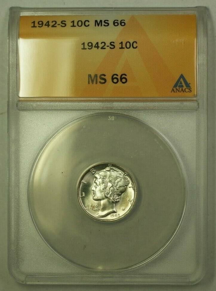 ANACS MS66 1942-S San Francisco Mercury Silver Dime Nearly Full Bands: ANACS MS66 1942-S San Francisco Mercury Silver Dime Nearly Full Bands 1942-S Silver Mercury Dime graded MS-66 by ANACS, featuring the iconic Mercury design. This uncirculated coin was minted in San Fr