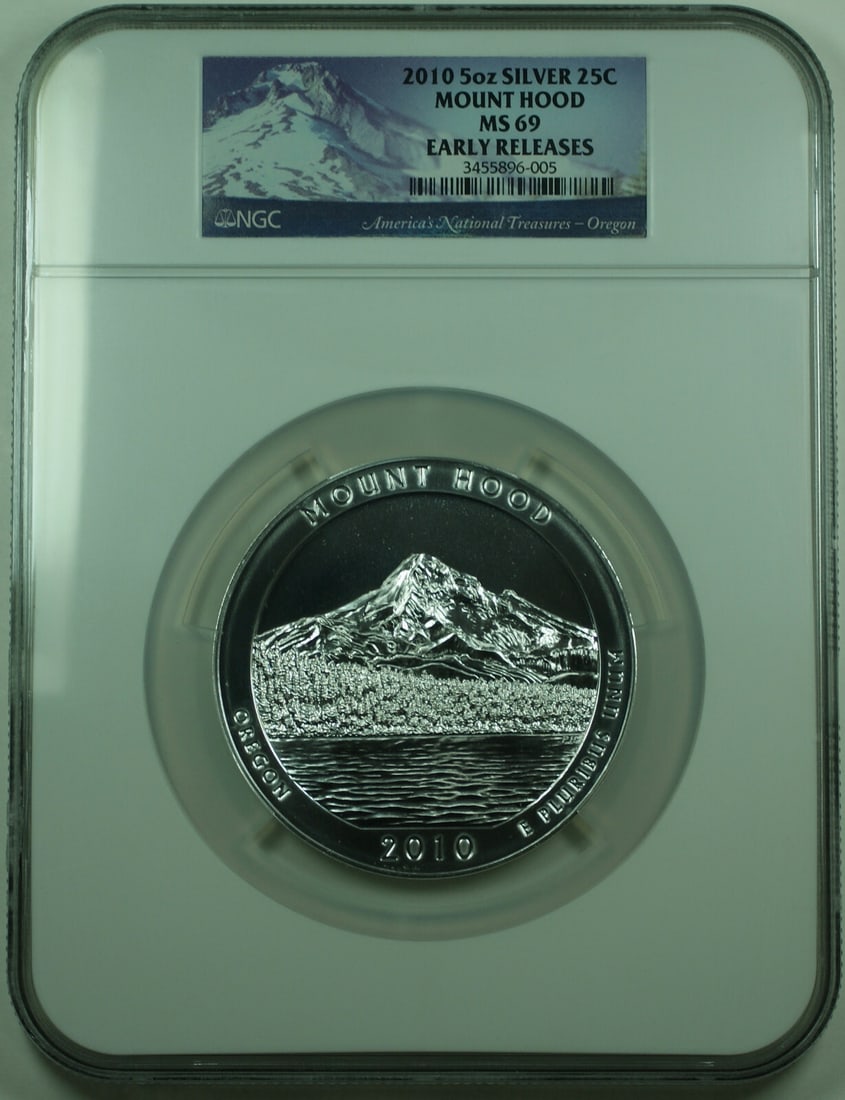 NGC MS69 Early Releases 2010 Mount Hood 5 Oz Silver America the Beautiful Quarter: NGC MS69 Early Releases 2010 Mount Hood 5 Oz Silver America the Beautiful Quarter This is a 2010 Mount Hood Oregon State Quarter from the America the Beautiful series. The coin is struck in 5 oz of .9