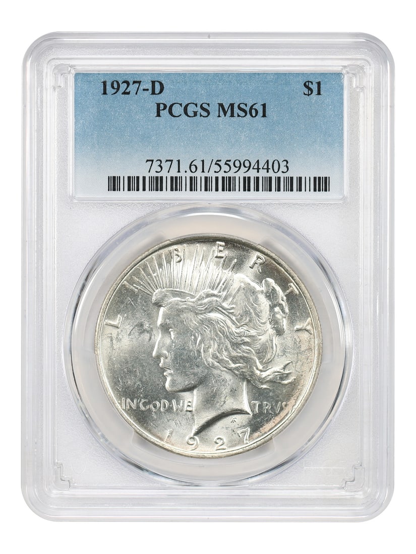 Peace Dollar 1927 Denver Mint Silver Dollar PCGS MS61: Peace Dollar 1927 Denver Mint Silver Dollar PCGS MS61 This 1927-D Peace Dollar is certified by PCGS with a grade of MS61. Minted in Denver, this uncirculated coin is part of the Peace Dollar series an