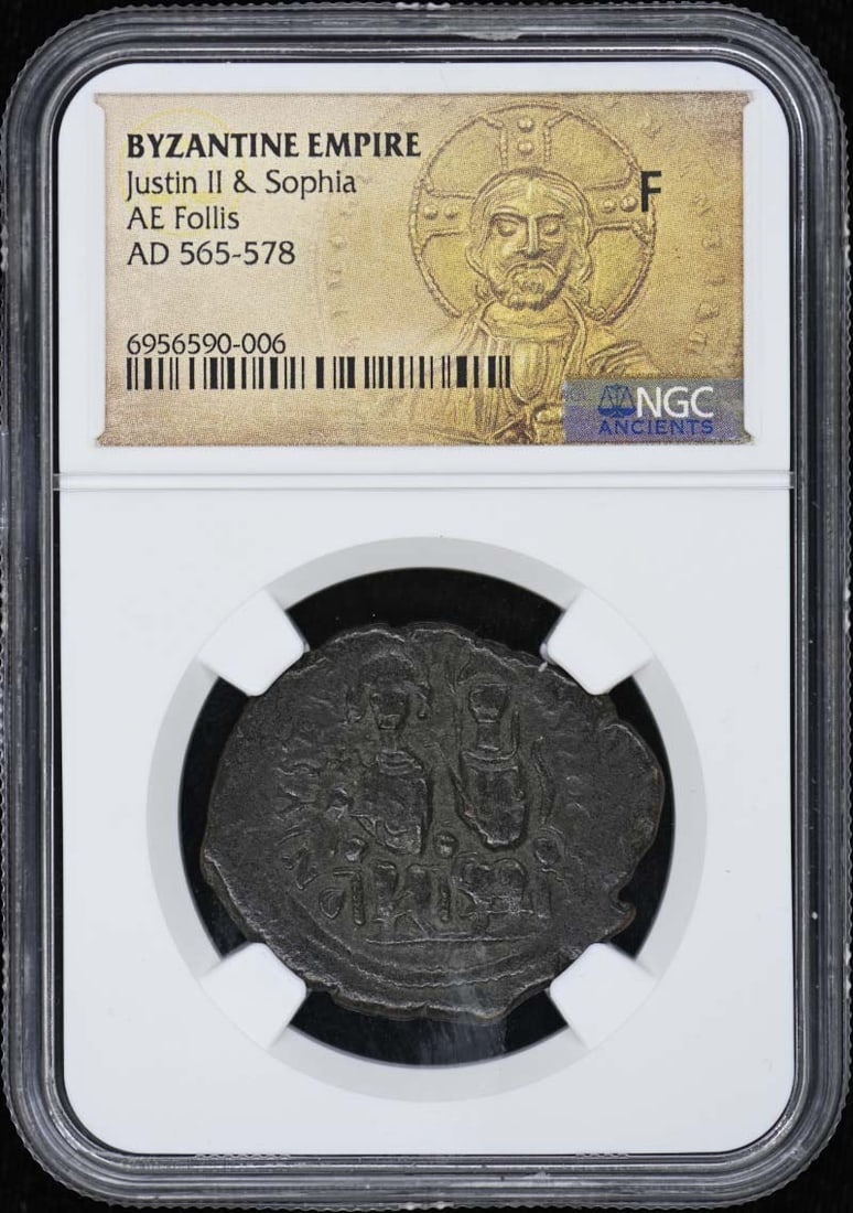 AE Follis 40 Nummi NGC F12 Justin II and Sophia Byzantine Empire Coin: AE Follis 40 Nummi NGC F12 Justin II and Sophia Byzantine Empire Coin This is a pre-owned Byzantine Empire AE Follis-40 Nummi coin from the reign of Justin II and Sophia. The coin has been certified a