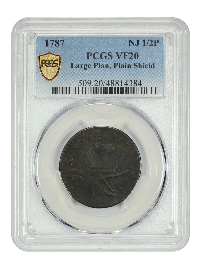 1787 New Jersey Colonial Coin Large Planchet PCGS VF20 Certified: 1787 New Jersey Colonial Coin Large Planchet PCGS VF20 Certified This is a 1787 New Jersey large planchet colonial coin, graded VF20 by PCGS. The coin is circulated and features a brown designation. I