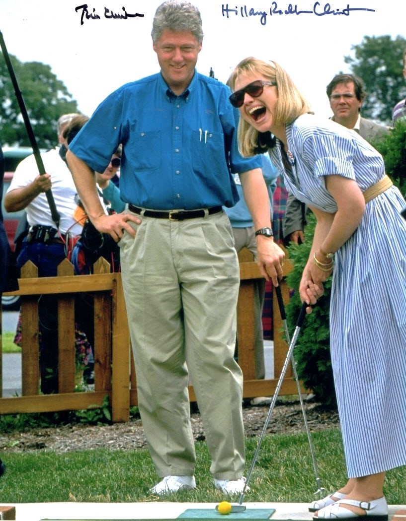 Bill Hillary Clinton Signed Golf Photo 11X14 JSA Certified: Bill Hillary Clinton Signed Golf Photo 11X14 JSA Certified Celebrate a moment in history with this authentic autographed 11X14 photo of Bill and Hillary Clinton golfing, signed by both. This remarkabl