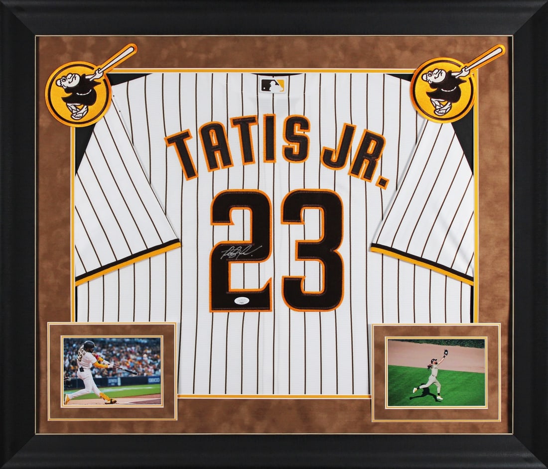 Fernando Tatis Jr. Signed Nike Framed Jersey JSA San Diego Padres: Fernando Tatis Jr. Signed Nike Framed Jersey JSA San Diego Padres Celebrate your passion for baseball with this stunning autographed white pinstriped Nike jersey, personally signed by Fernando Tatis J