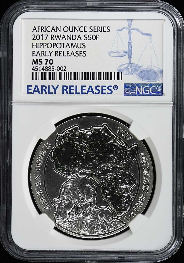 2017 Rwanda Hippopotamus S50F NGC MS70 Early Release Coin (1 of 2)