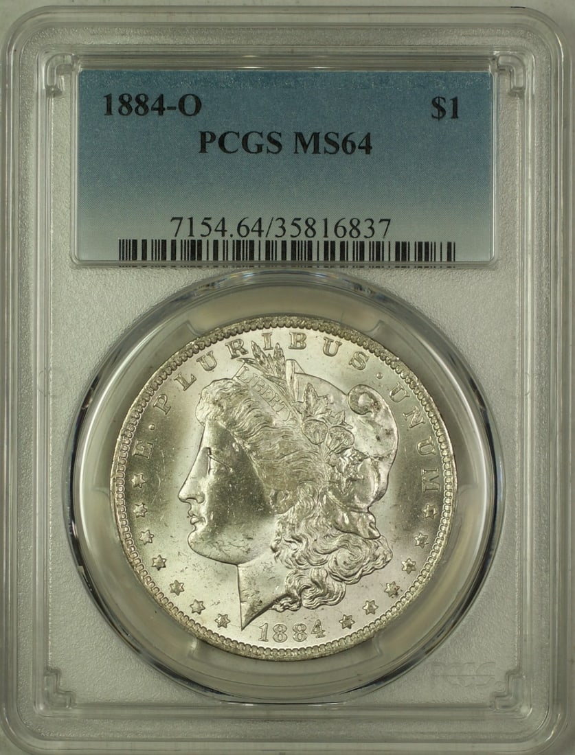 PCGS MS-64 1884-O Morgan Dollar Silver Uncirculated New Orleans Mint: PCGS MS-64 1884-O Morgan Dollar Silver Uncirculated New Orleans Mint This 1884-O Morgan Silver Dollar is a certified coin graded MS-64 by PCGS. Minted in New Orleans, it features a $1 denomination and