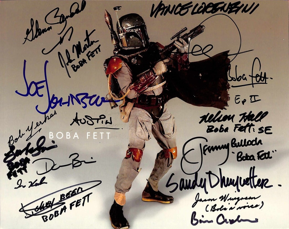 8x10 Boba Fett Photograph Signed by 16 Cast and Crew Beckett Authenticated: 8x10 Boba Fett Photograph Signed by 16 Cast and Crew Beckett Authenticated This is an original 8x10 inch color photograph of Boba Fett, signed by 16 different actors and crew members associated with t