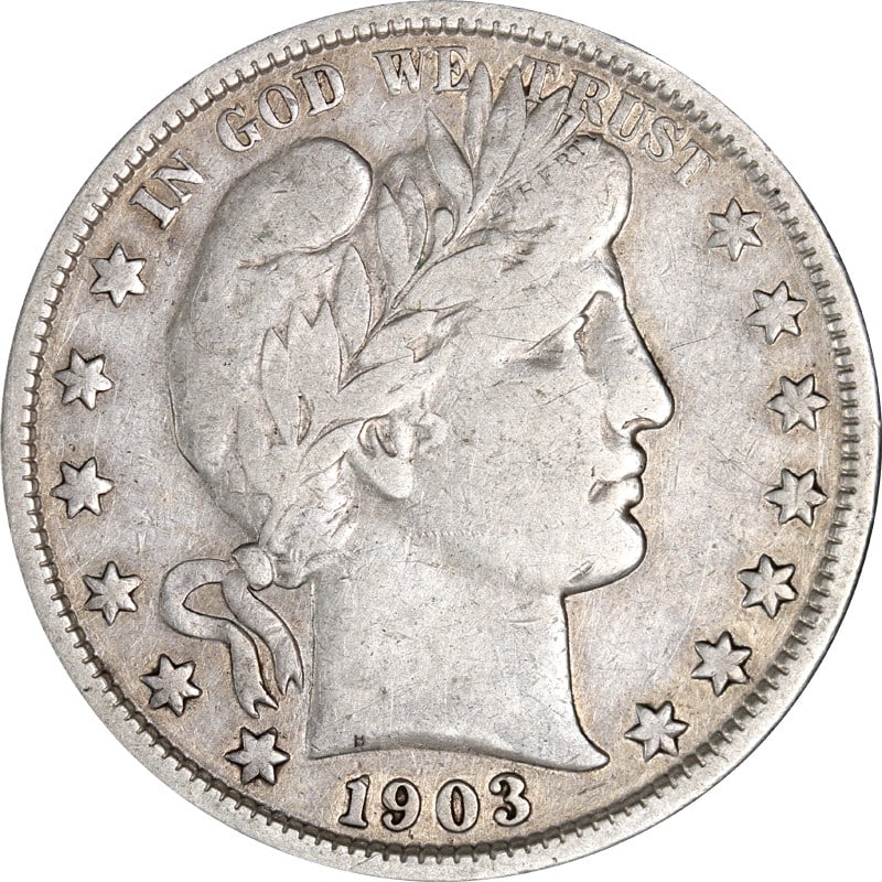 1903 Philadelphia Mint Silver Barber Half Dollar Coin: 1903 Philadelphia Mint Silver Barber Half Dollar Coin This is a 1903-P Barber Half Dollar composed of 90% silver. The coin was minted in Philadelphia and is in circulated, pre-owned condition. It is u