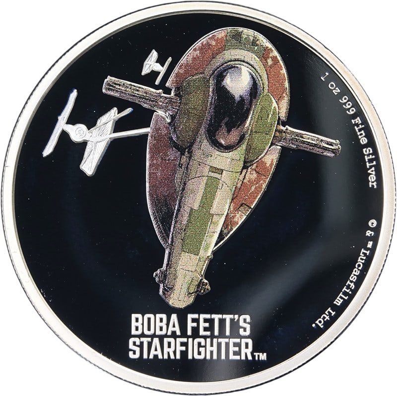 Star Wars Boba Fett's Starfighter 2022 Niue 1 oz Silver Coin with OGP and COA: Star Wars Boba Fett's Starfighter 2022 Niue 1 oz Silver Coin with OGP and COA This 2022 Niue 1 Ounce Silver $2 coin features Boba Fett's Starfighter from Star Wars. Struck from 0.999 fine silver, the