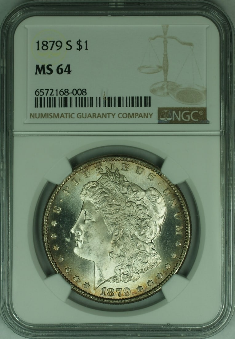 NGC MS-64 1879-S Morgan Dollar Silver Coin Light Toning United States: NGC MS-64 1879-S Morgan Dollar Silver Coin Light Toning United States This 1879-S Morgan Silver Dollar is a certified uncirculated coin graded MS-64 by NGC. Minted in San Francisco, it features light