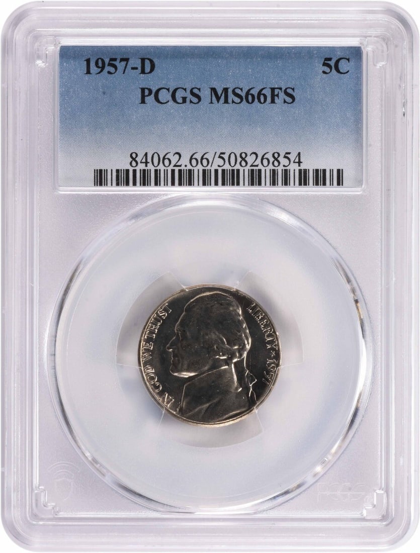 1957-D Jefferson Nickel MS66FS PCGS Uncirculated Denver Mint: 1957-D Jefferson Nickel MS66FS PCGS Uncirculated Denver Mint This 1957-D Jefferson Nickel is a stunning example of numismatic craftsmanship, graded MS66 by PCGS, indicating it is in uncirculated condi