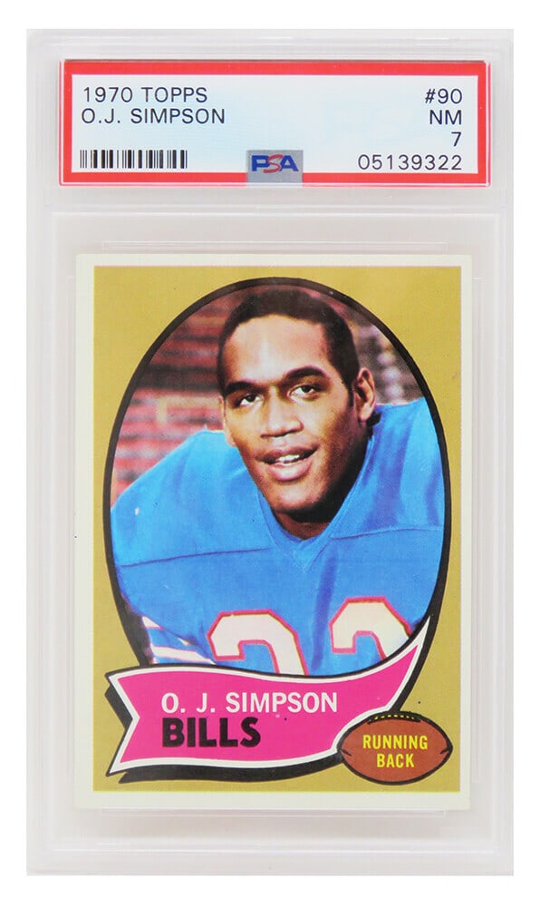 O.J. Simpson 1970 Topps Football Rookie Card #90 PSA 7 Buffalo Bills: O.J. Simpson 1970 Topps Football Rookie Card #90 PSA 7 Buffalo Bills This listing features an O.J. Simpson football rookie card from the 1970 Topps set, card number 90. Encapsulated and graded Near Mi