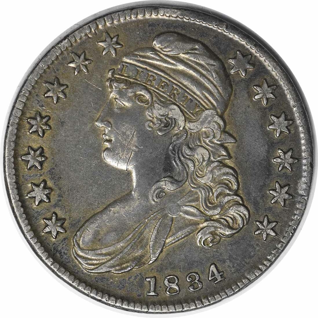 1834 Bust Half Dollar Small Date Uncertified Coin by John Reich: 1834 Bust Half Dollar Small Date Uncertified Coin by John Reich This 1834 Bust Half Dollar features a small date and small letters, showcasing the craftsmanship of designer John Reich. Struck at the P