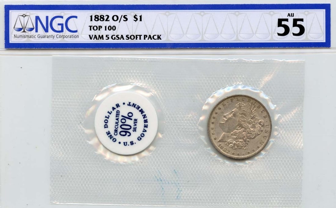 1882-O O/S Morgan Dollar VAM-5 NGC AU55 GSA Soft Pack: 1882-O O/S Morgan Dollar VAM-5 NGC AU55 GSA Soft Pack This 1882-O O/S Morgan Dollar is a noteworthy collectible, certified by NGC with a grade of AU55. Minted in New Orleans, this example is part of t