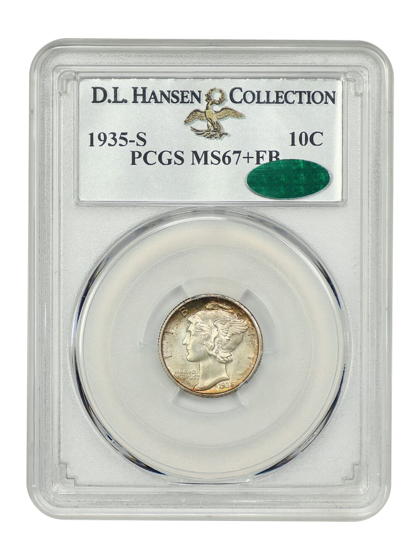 1935-S Mercury Dime PCGS MS67+FB CAC Approved San Francisco: 1935-S Mercury Dime PCGS MS67+FB CAC Approved San Francisco This 1935-S Mercury Dime is graded MS67+FB by PCGS, featuring a Full Bands designation that indicates exceptional detail in the coin's desig