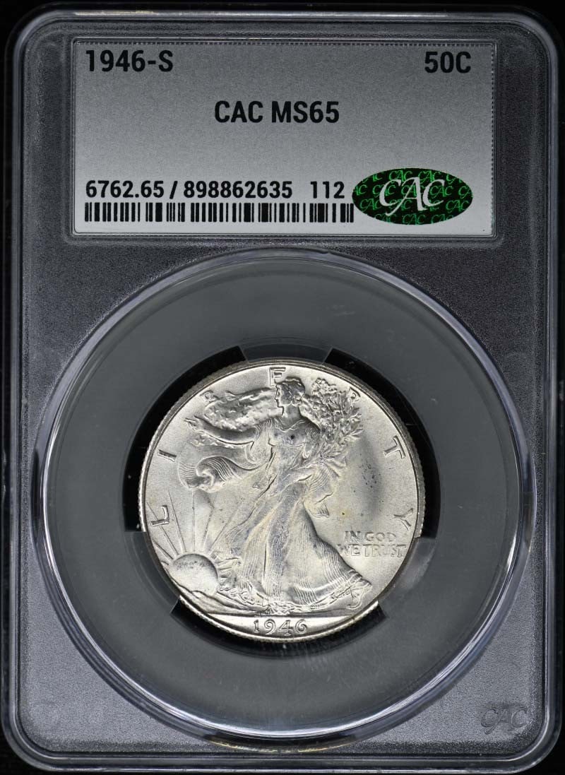 1946-S Walking Liberty Half Dollar CACG MS65 Uncirculated: 1946-S Walking Liberty Half Dollar CACG MS65 Uncirculated This stunning 1946-S Walking Liberty Half Dollar is certified by CACG with a high grade of MS65, indicating its uncirculated condition. Minted