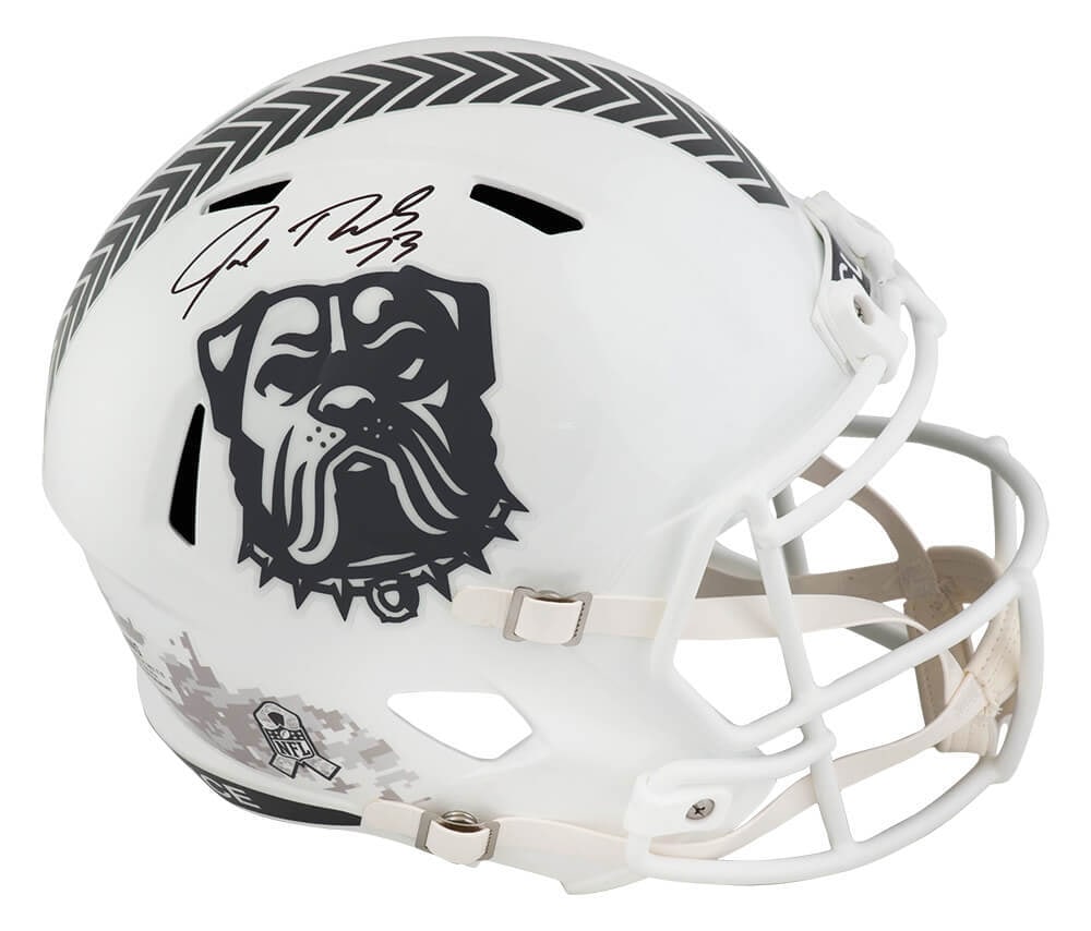Joe Thomas Signed Browns 2024 Salute Helmet with COA: Joe Thomas Signed Browns 2024 Salute Helmet with COA Celebrate the legacy of Joe Thomas with this signed Cleveland Browns 2024 Salute to Service white Riddell full-size speed replica helmet. This auth