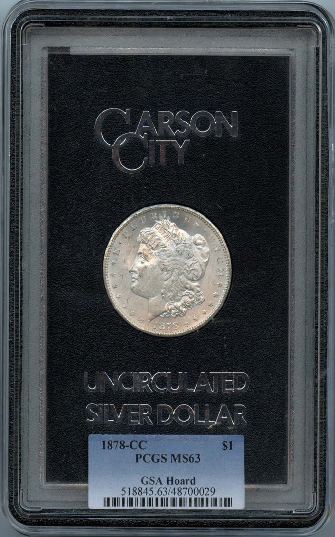 1878-CC Morgan Dollar GSA Hoard PCGS MS63 Certified: 1878-CC Morgan Dollar GSA Hoard PCGS MS63 Certified This stunning 1878-CC Morgan Silver Dollar is a collector's dream. Graded MS63 by PCGS, this coin boasts excellent detail and shine, making it a rem