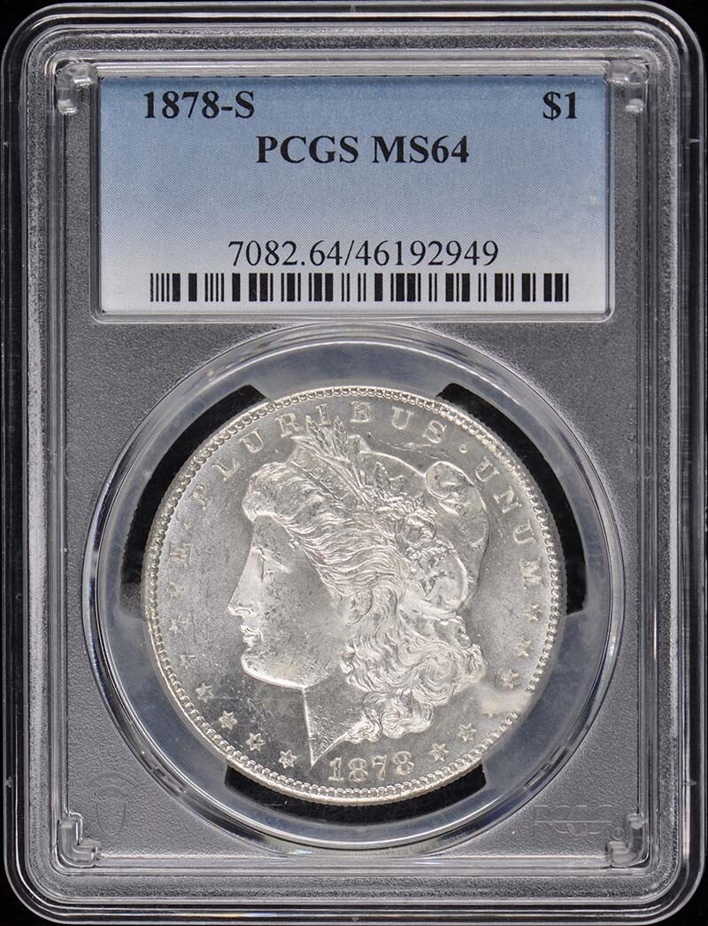 1878-S Morgan Dollar PCGS MS64 Uncirculated San Francisco Coin: 1878-S Morgan Dollar PCGS MS64 Uncirculated San Francisco Coin This 1878-S Morgan Dollar is a stunning example of American coinage, certified by PCGS with a grade of MS64, indicating it is in uncircul