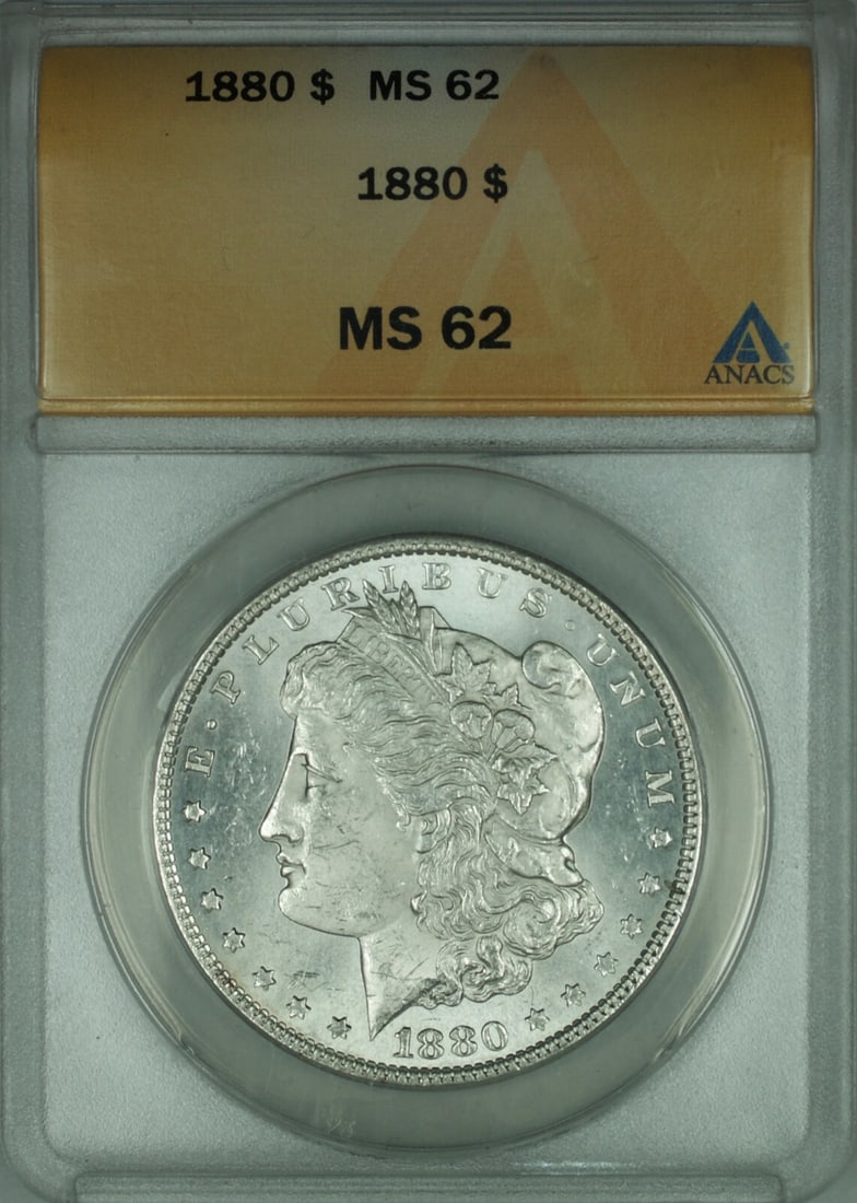 ANACS MS62 Graded 1880 Morgan Silver Dollar Philadelphia Mint $1 Coin: ANACS MS62 Graded 1880 Morgan Silver Dollar Philadelphia Mint $1 Coin This is an 1880 Morgan Silver Dollar $1 coin, certified by ANACS with a grade of MS-62. Struck in Philadelphia, it is composed of