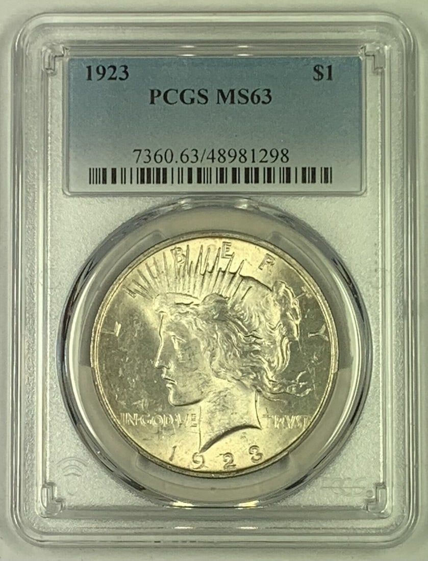 PCGS MS 63 1923 Peace Silver Dollar Uncirculated $1 Coin: PCGS MS 63 1923 Peace Silver Dollar Uncirculated $1 Coin This 1923 Peace Silver Dollar coin is certified by PCGS with a grade of MS 63. The coin is uncirculated and composed of silver, representing th