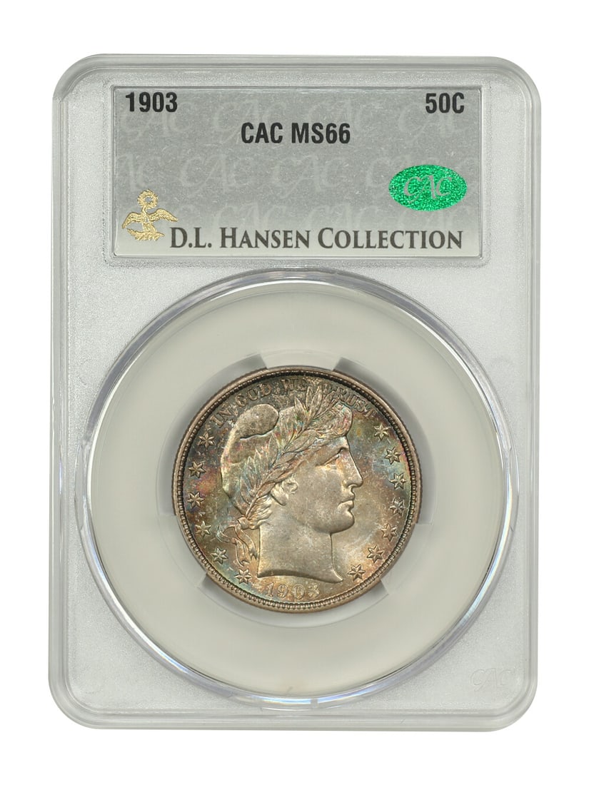 1903 Barber Half Dollar CACG MS66 Uncirculated Rainbow Toning: 1903 Barber Half Dollar CACG MS66 Uncirculated Rainbow Toning This 1903 50 Cent Barber Half Dollar is a stunning example of numismatic excellence, certified by CACG with a grade of MS66. Its uncircula
