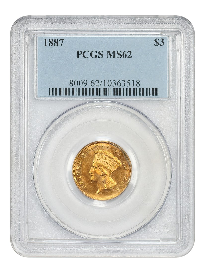 1887 Three Dollar Gold Coin PCGS MS62 Low Mintage of 6000 (1 of 4)