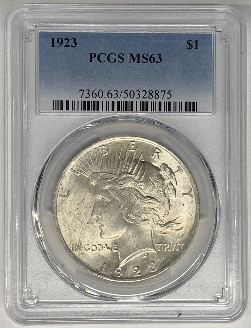 PCGS MS 63 1923 Peace Dollar Silver Coin United States Certified: PCGS MS 63 1923 Peace Dollar Silver Coin United States Certified This is a 1923 Peace Silver Dollar coin from the United States, certified by PCGS with a grade of MS 63. Made of silver, this uncircula