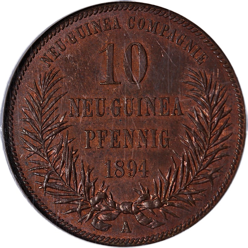 1894-A Papua New Guinea Copper 10 PFennig Uncertified Choice BU: 1894-A Papua New Guinea Copper 10 PFennig Uncertified Choice BU This exceptional 1894-A Papua New Guinea Copper 10 PFennig coin showcases a striking red and brown finish, reflecting its Choice Brillia