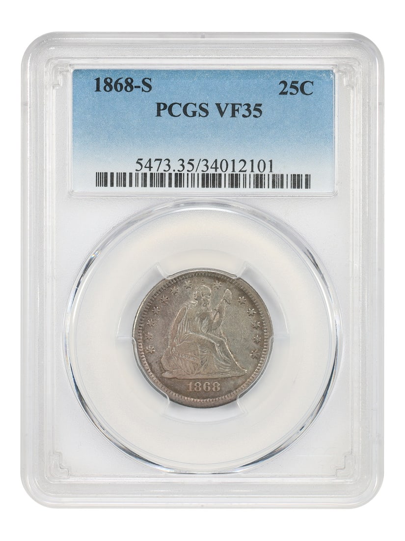San Francisco Mint 1868 Seated Liberty Quarter PCGS VF35 Certified: San Francisco Mint 1868 Seated Liberty Quarter PCGS VF35 Certified This 1868-S Liberty Seated Quarter is a circulated coin graded VF35 by PCGS. Minted in San Francisco, it is a semi-key date with a mi