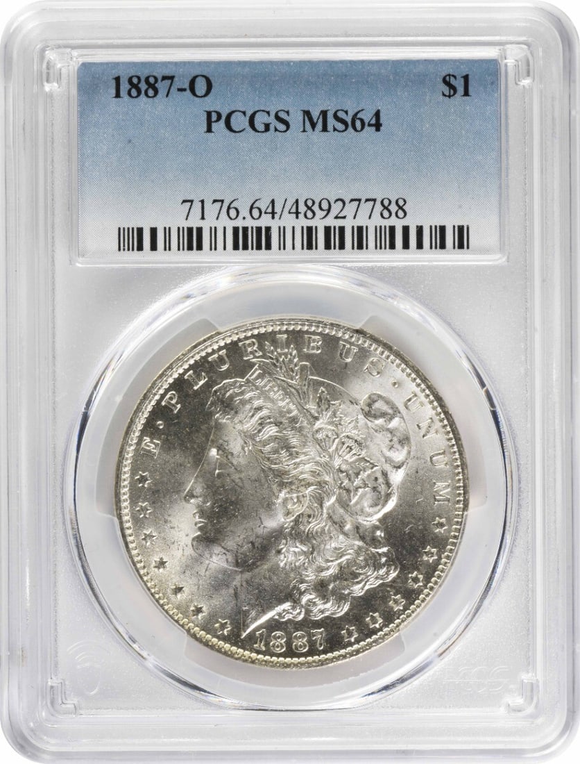 PCGS MS64 1887-O Morgan Dollar New Orleans Mint Silver Coin: PCGS MS64 1887-O Morgan Dollar New Orleans Mint Silver Coin This 1887-O Morgan Silver Dollar is graded MS64 by PCGS, indicating its uncirculated condition and high quality. Minted in New Orleans, this