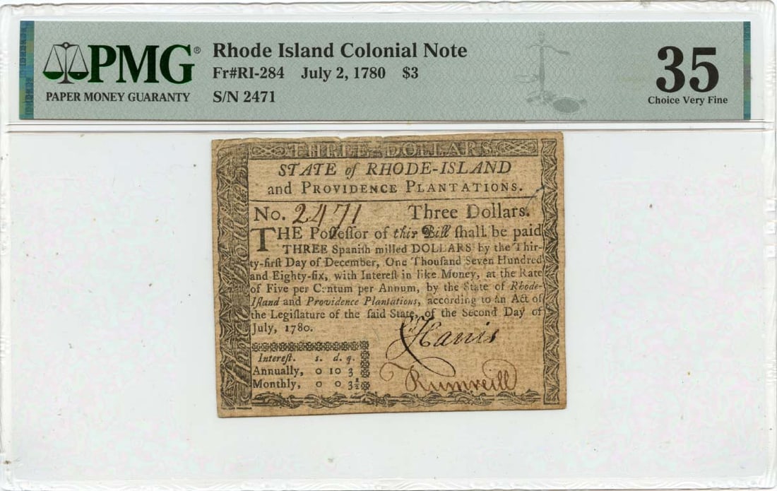 1780 $3 Rhode Island Colonial Note RI-284 PMG VF35 Fully Signed: 1780 $3 Rhode Island Colonial Note RI-284 PMG VF35 Fully Signed This Rhode Island Colonial Note, dated July 2, 1780, is a notable piece of currency history. It is fully signed and graded as VF35 by PM