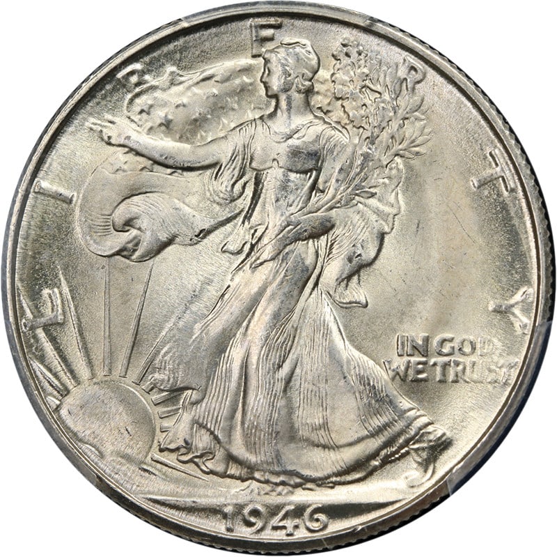 1946-D Walking Liberty Half Silver PCGS MS65 Strong Strike Superb Appeal: 1946-D Walking Liberty Half Silver PCGS MS65 Strong Strike Superb Appeal This 1946-D Walking Liberty Half showcases superb eye appeal, characterized by its fantastic luster and strong strike. The coin