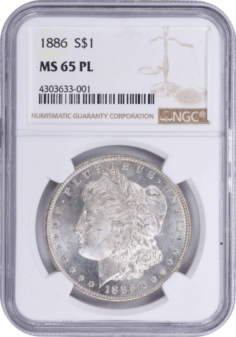NGC MS65PL Certified 1886 Morgan Dollar Philadelphia Mint Silver Coin: NGC MS65PL Certified 1886 Morgan Dollar Philadelphia Mint Silver Coin This 1886 Morgan Silver Dollar is graded MS65PL by NGC, indicating a high-quality uncirculated coin with a proof-like finish. Mint