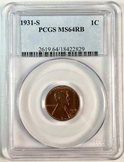 PCGS MS64 RB Lincoln Wheat Cent 1931 S Red Brown Uncirculated: PCGS MS64 RB Lincoln Wheat Cent 1931 S Red Brown Uncirculated This is a 1931 S Lincoln Wheat Penny composed of copper, graded MS 64 Red Brown by PCGS. The coin is uncirculated and was minted in San Fr