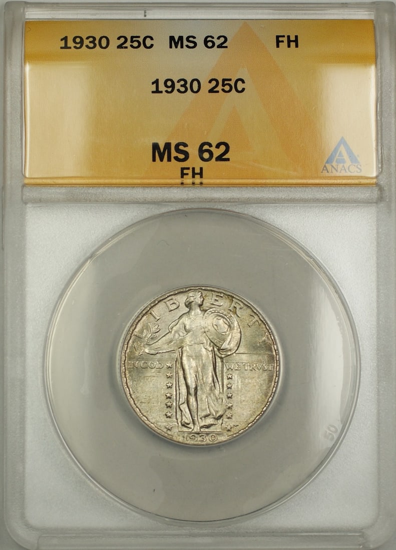 1930 Standing Liberty Quarter ANACS MS 62 Full Head Silver Coin: 1930 Standing Liberty Quarter ANACS MS 62 Full Head Silver Coin This 1930 Standing Liberty Quarter features a full head design and is composed of silver. Graded MS-62 by ANACS, the coin is uncirculate